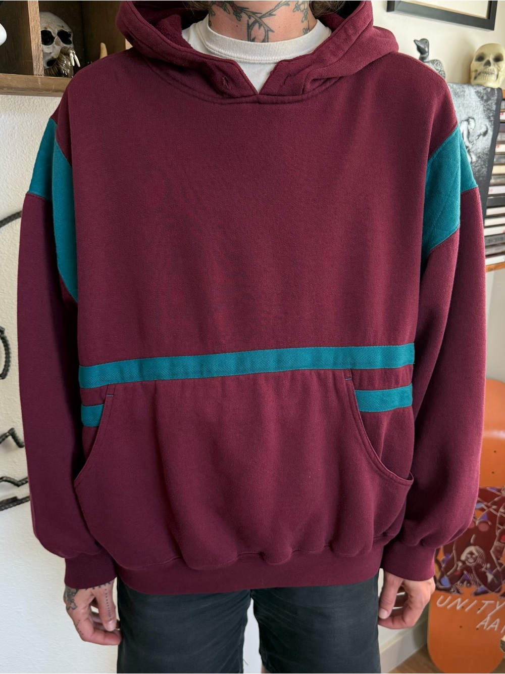 Vintage 90s Maroon Hoodie Teal Stripes 1721 Sportclub ~ Size XL